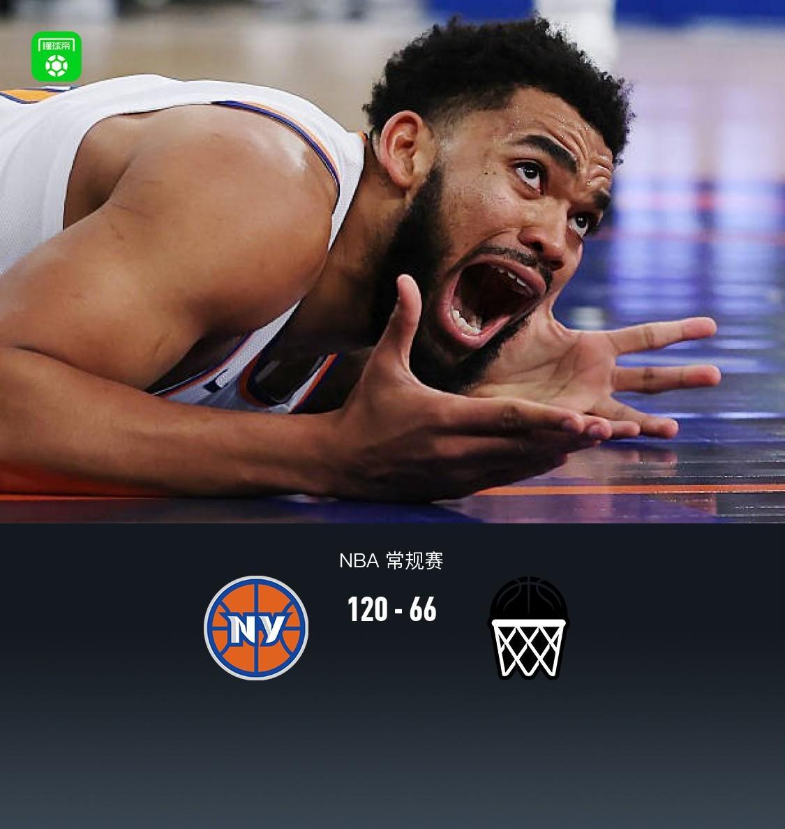 尼克斯120-66血洗篮网54分，布伦森20分，沙梅特三分6中6得18分